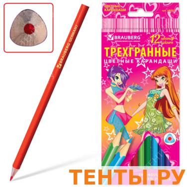 Карандаши цветные BRAUBERG 12 цв., трехгранные, заточенные, карт. упак., с изобр. девочек, 180593 Карандаши цветные BRAUBERG 12 цв., трехгранные, заточенные, карт. упак., с изобр. девочек, 180593
