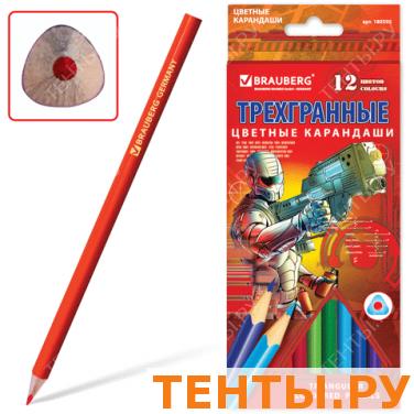 Карандаши цветные BRAUBERG 12 цв., трехгранные, заточенные, карт. упак., с изобр. солдата, 180595 Карандаши цветные BRAUBERG 12 цв., трехгранные, заточенные, карт. упак., с изобр. солдата, 180595
