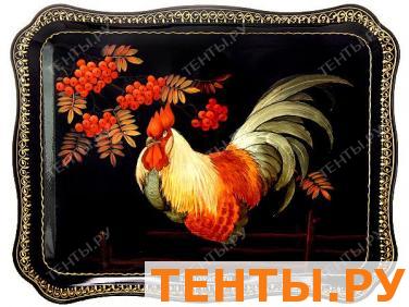 Поднос Жостово с художественной росписью "Петух на черном фоне", прямоугольный, арт. 9014 Поднос Жостово с художественной росписью "Петух на черном фоне", прямоугольный, арт. 9014