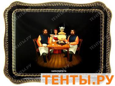 Поднос Жостово с художественной росписью "Чаепитие" прямоугольный, арт. 9069 Поднос Жостово с художественной росписью "Чаепитие" прямоугольный, арт. 9069