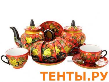 Чайный сервиз с художественной росписью "Клубника двойной фон" на 6 персон Чайный сервиз с художественной росписью "Клубника двойной фон" на 6 персон
