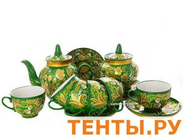 Чайный сервиз с художественной росписью "Хохлома на зеленом фоне" Чайный сервиз с художественной росписью "Хохлома на зеленом фоне"