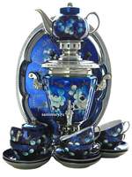 Набор самовар электрический 3 литра с художественной росписью "Жостово на синем фоне" с чайным сервизом и подносом, арт. 103558с - 24900 руб.